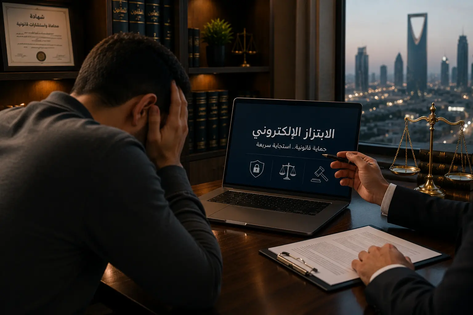 ضحية الابتزاز الإكتروني من المغرب يتلقى استشارة قانونية من محامٍ